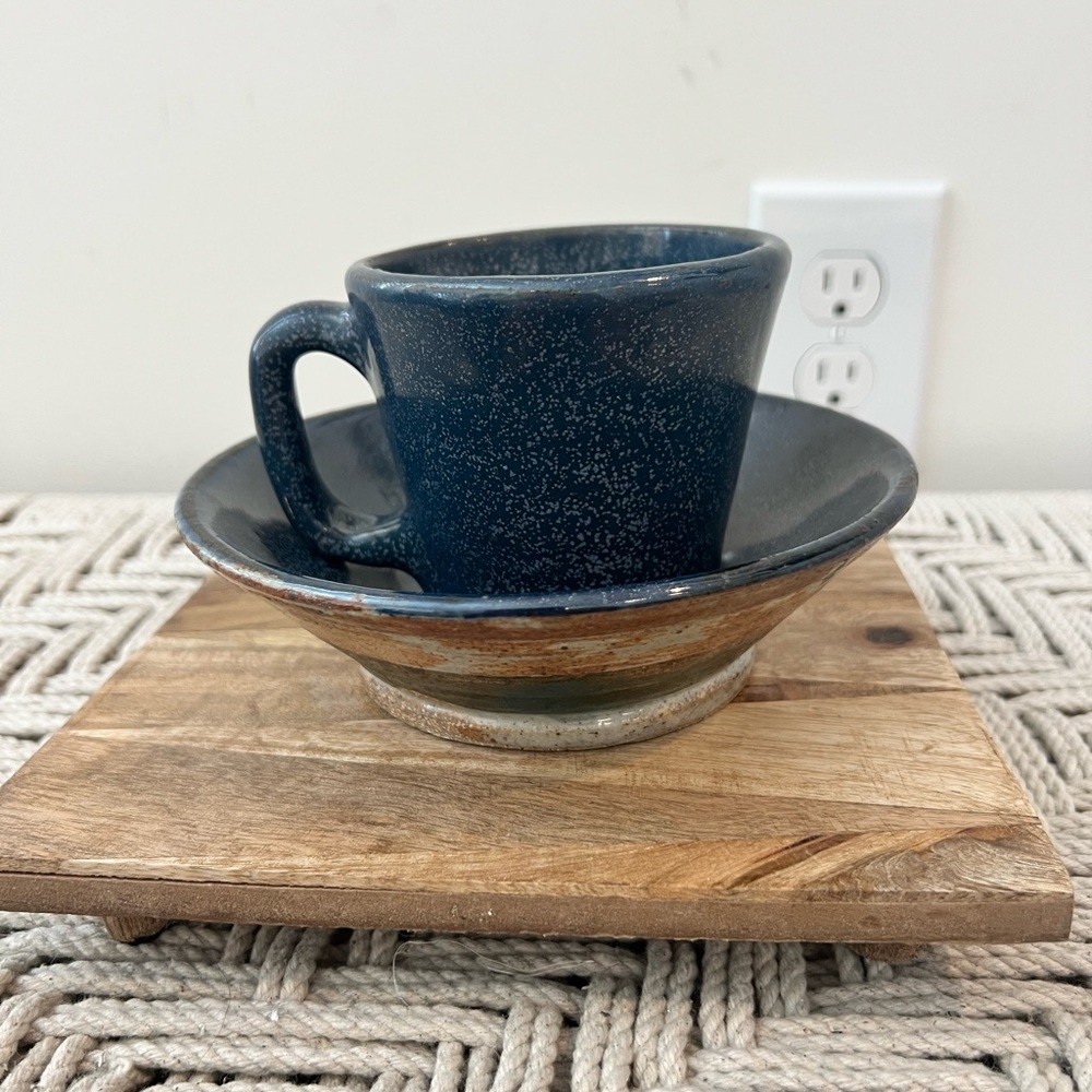 Digned thick Blue Ceramic Cup and bowl  Set